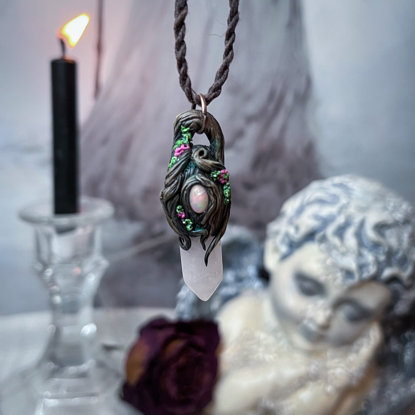 Rose quartz & Opal floral forest pendant