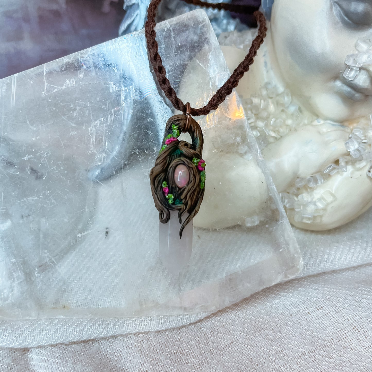 Rose quartz & Opal floral forest pendant