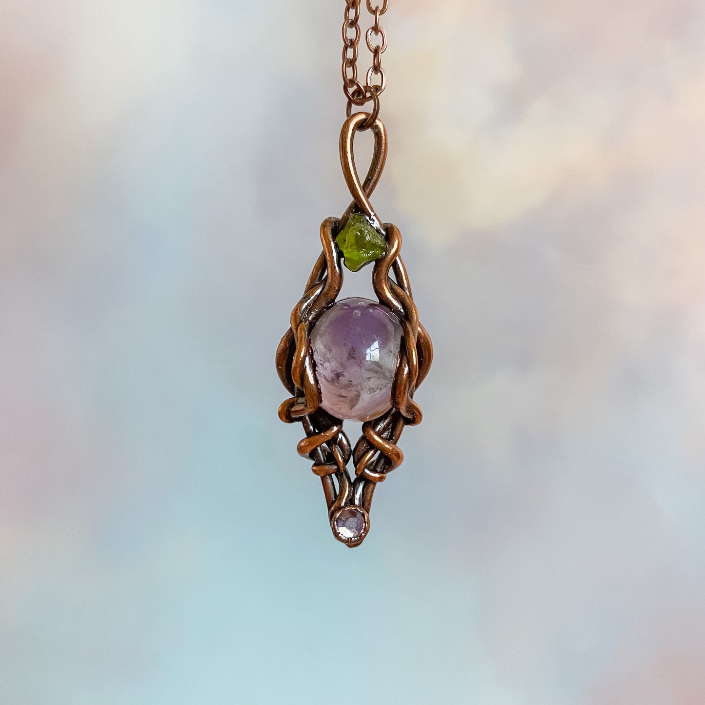 "Spiritual Harmony" Amethyst and Peridot Copper electro-formed Pendant
